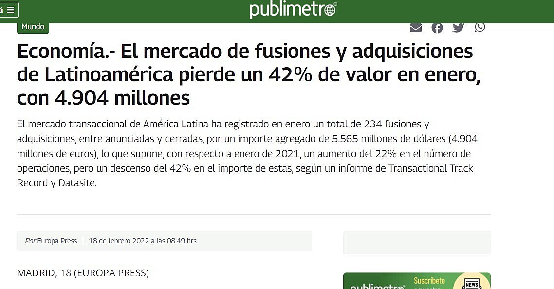 El mercado de fusiones y adquisiciones de Latinoamrica pierde un 42% de valor en enero, con 4.904 millones